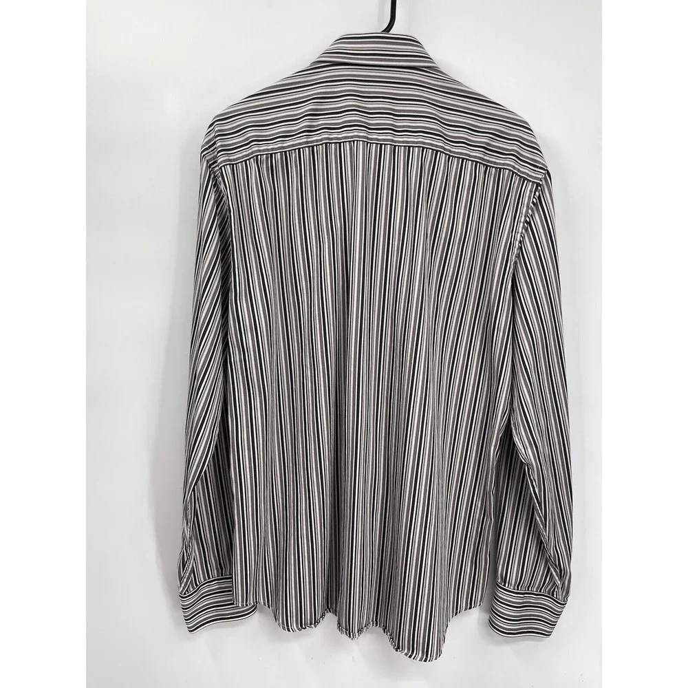 Bugatchi L Button Down Shirt Mens Black White Grey Striped Shaped Fit Cotton‎
